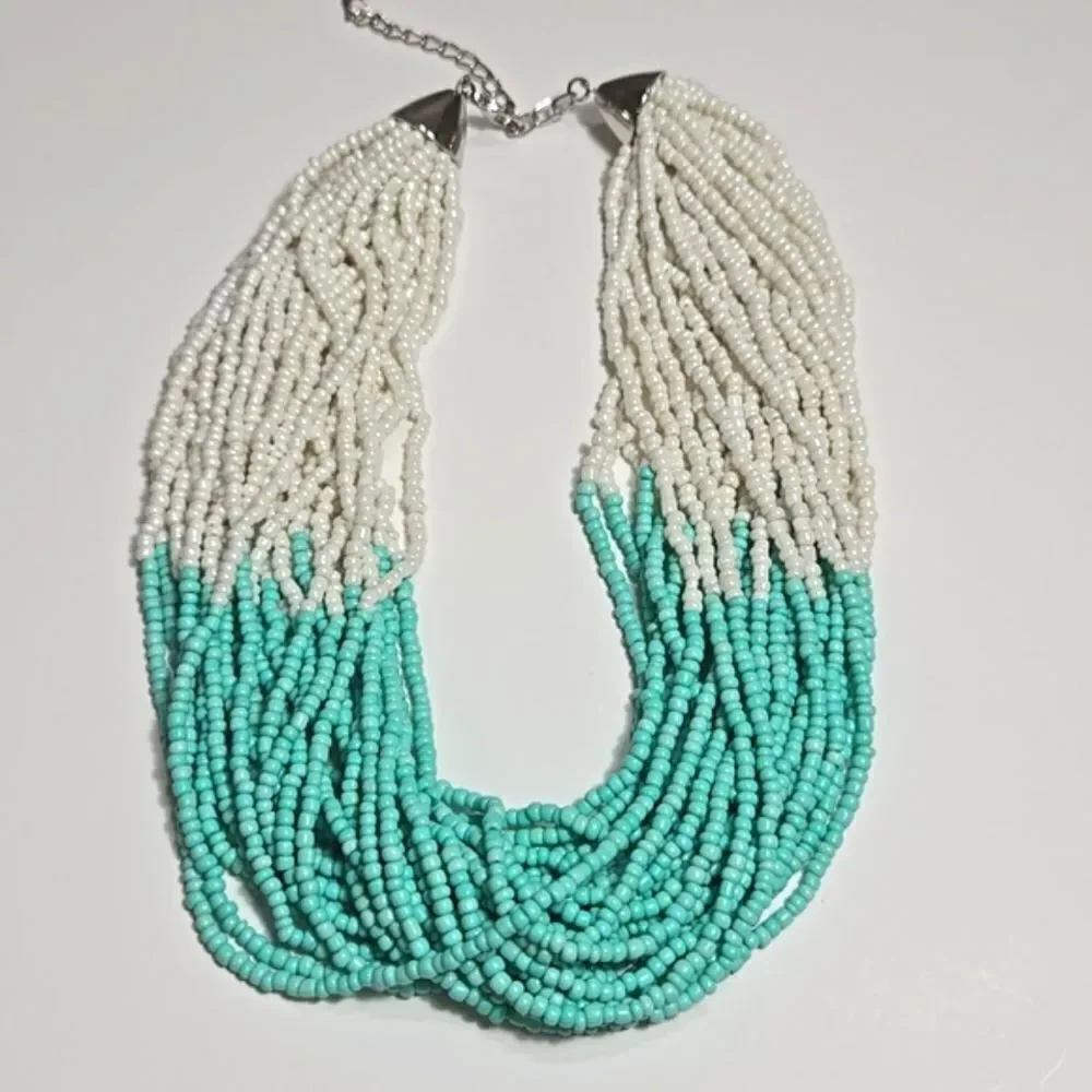 White and Turquoise Glass Beaded Necklace